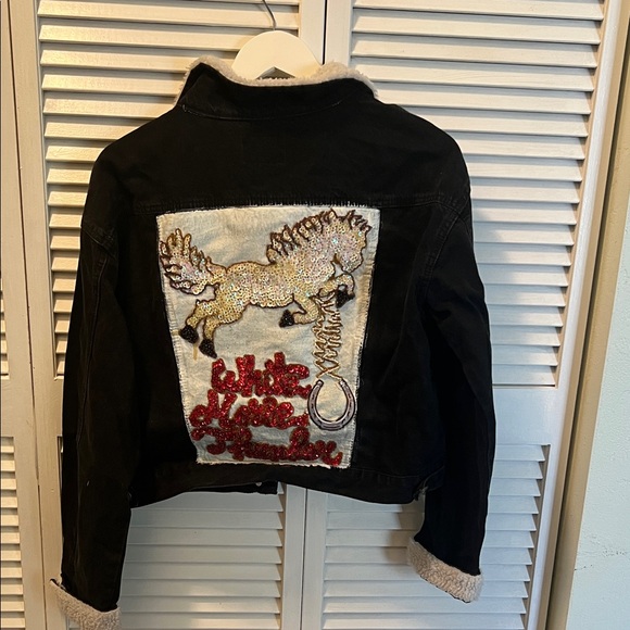 Horse Lovers Refuge Jean Jacket Jackets & Blazers - #1382** Black thick Jean Jacket Horse Design by Julie Lee Nersinger Art
